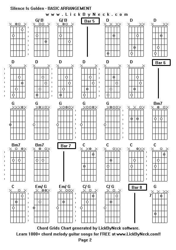 Chord Grids Chart of chord melody fingerstyle guitar song-Silence Is Golden - BASIC ARRANGEMENT,generated by LickByNeck software.
